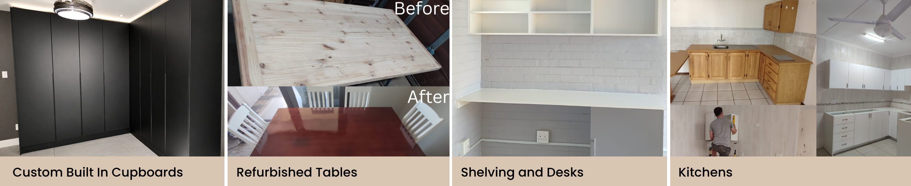 Featured Earthwood Crafts projects: cupboard custom builds, refurbished tables, shelving and desks, kitchens